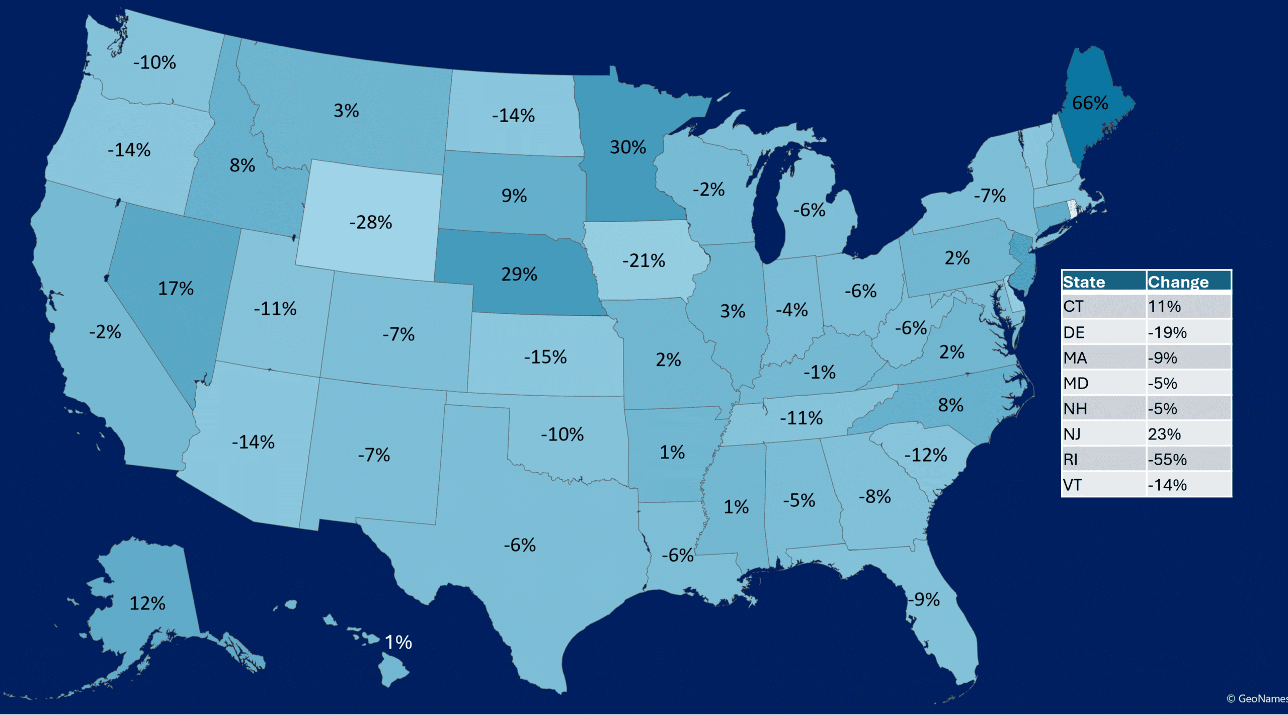 A map showing the change in fatality rates between 2023 and 2024