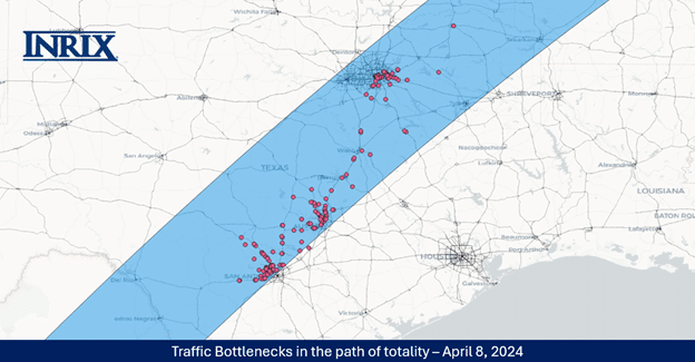 Map of totality zone and bottlenecks in Texas